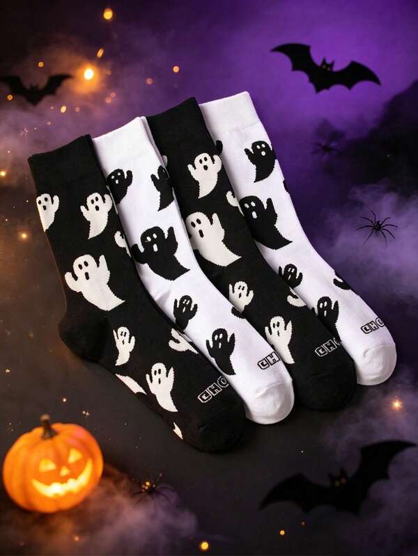 2/6 Pairs Unisex Ghost Halloween Socks Black & White Versatile Suitable For Halloween Party Wear