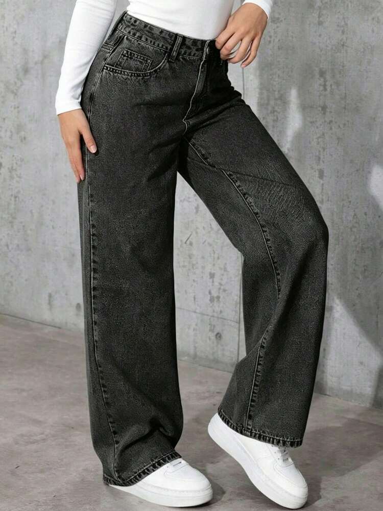 DH Teen Girl Solid Color Minimalist Straight Leg Jeans - Black - View 4