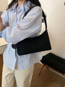女款純色可拆式肩帶拉鍊休閒通勤單肩包，秋冬風格（不含吊飾） - 黑色 - 查看 5