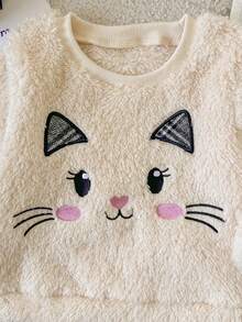 Baby Girls Autumn Clothes 2pcs Set, New Fall/Winter Fashion Versatile Cute Cartoon Cat Embroidered Coral Fleece Long Sleeve Crew Neck Sweatshirt + Plaid Pleated Skirt Set, Suitable For Outdoor Wear - Apricot - View 6