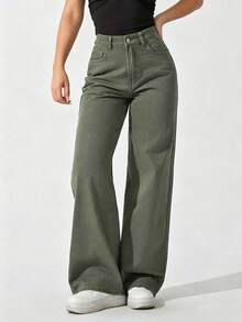 Apricot Color Straight Leg Casual Jeans For Teenage Girls - Army Green - View 2