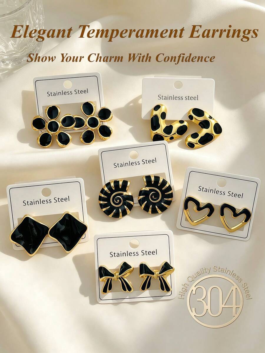 12pcs/6 Pairs Exquisite Elegant Colorful Enamel Women's Earrings - Black Premium Stainless Steel Earrings - Oil Drop Earrings Set - Beautiful Gift - Suitable For Various Occasions, Daily Casual Wear - Holiday Applicable - Oil Dripping Kit - View 1