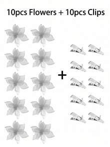 1/10/20/30pcs Shiny Double-Layer Red Poinsettia Artificial Flowers With Clips, 6.7 Inch, Suitable For Christmas Tree, Wreath, Staircase, Fireplace, Window, Coffee Table And Holiday/Wedding Party Decoration, Christmas Gift - Silver - View 14