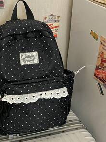 Minimalist Large Capacity Polka Dot Backpack With Multiple Pockets And Lace, School Bag For Travel, Outings, Shopping, Vacation, Fit Laptop, Clothes - Black - View 4