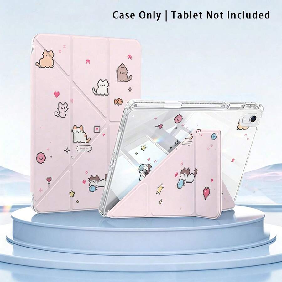 Pola Kucing & Hati Cetak UV Datar, Perlindungan Penuh Anti Jatuh & Tahan Guncangan, Casing Pelindung Tablet Lipat Y, Pelat Belakang Akrilik dengan Slot Pena, Kompatibel dengan Model /Honor/ dan Xiaoxin - MultiWarna - View 1