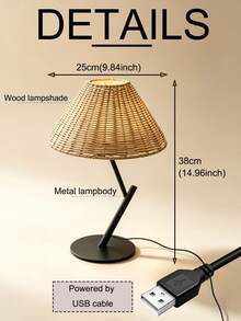 1pc USB Powered Creative Slanted Handmade Woven Rattan Table Lamp, Japanese Wabi-Sabi Nordic Ins Cream Style, Bedroom Bedside Living Room Decor Ambient Light, Desktop Lamp, Minimalist Modern Vintage Premium Decorative Table Lamp - Black - View 10