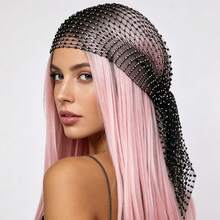 Women Rhinestone Fishnet Full Head Cover, Sparkly Crystal Mesh Head Wrap, Elegant See-Through Headpiece For Wedding Party & Photoshoot - Silver - View 8