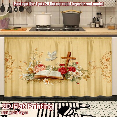 2D Flat, 2D Flat Curtain Skirt, 1pc, Cross And Open Book Floral Pattern_00001, Kitchen Cabinet Cover, Easter Gift, Table Skirt, Polyester Fabric, Wrinkle-Resistant High Quality, Machine Washable, Suitable For Cleaning And Dust Protection - Kitchen Window, Covering, 2D Flat