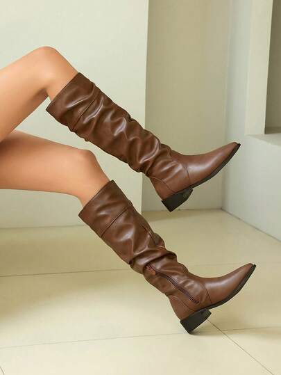 Women's Round Toe Knight Boots, High Shaft Western Boots, Vintage Belt Buckle Tall Boots, Chunky Heel Comfortable Thick Sole Fashion Boots