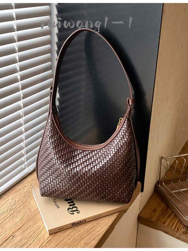 1pc Minimalist Solid Woven Faux Leather Underarm Bag, Crescent Shape Casual Shoulder Purse For Beach Picnic Street Outfit