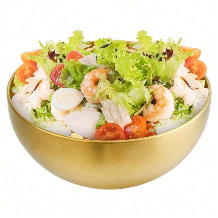1-2pcs 9 Inch Gold Stainless Steel Soup Bowls, Deep Mixing Bowls, Double-Layer Insulated Salad Containers, Durable Ramen Rice Noodle Bowls, Thermal Sashimi Plates, Suitable For Home Restaurant Buffet BBQ