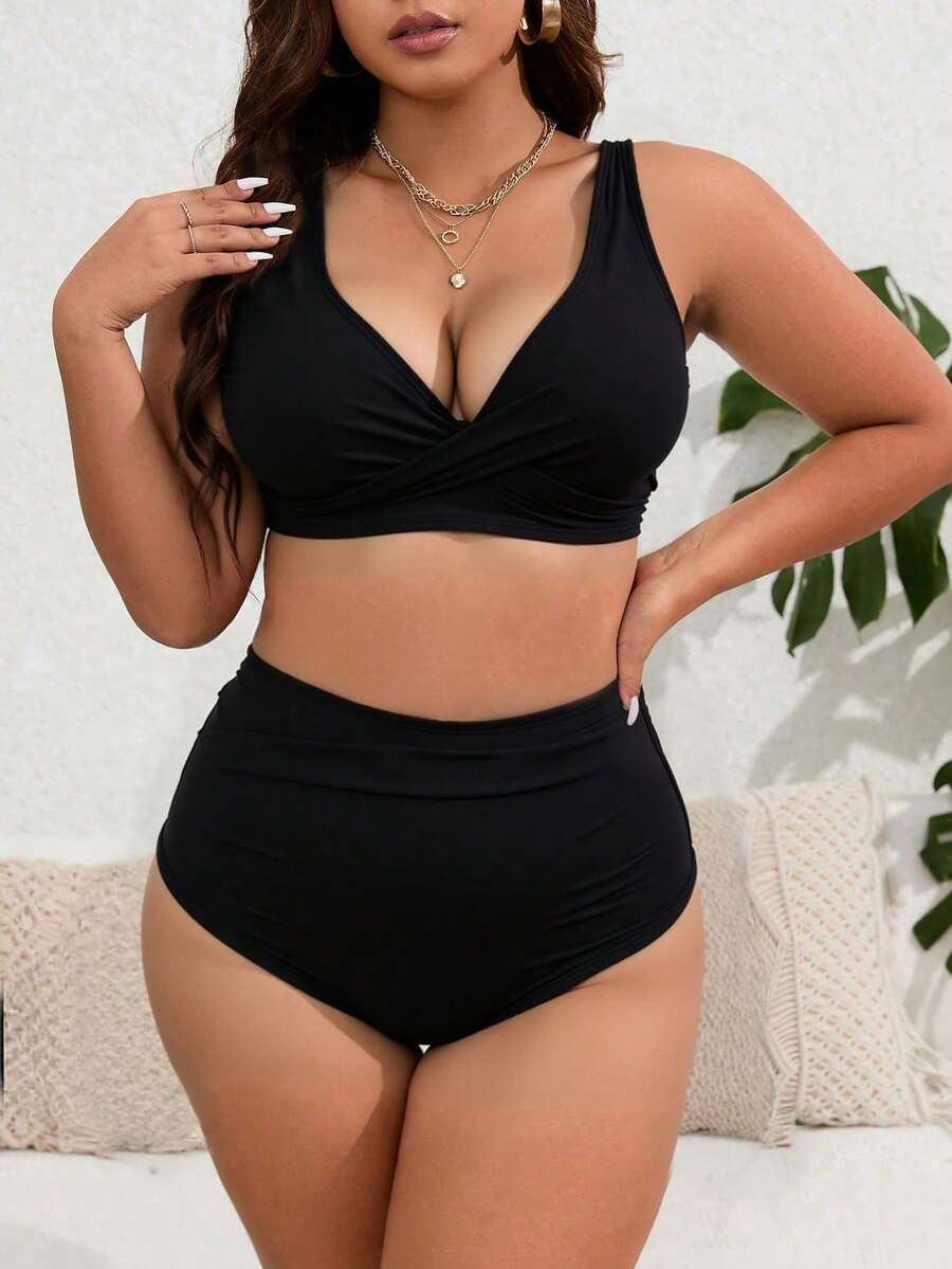 Traje de Baño de Dos Piezas para Mujer, Talla Grande, Cuello en V, Cintura Alta, Top y Shorts, Ropa de Verano para Vacaciones - Negro - Ver 1