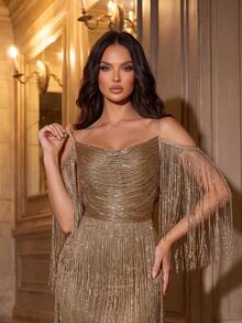 Modphy New Women's Gold Rhinestone Sexy Round Neck Off-Shoulder Sleeveless Backless Fashion Tassel Long Bandage Elegant Evening Dress, Wedding Party Fall - Apricot - View 2