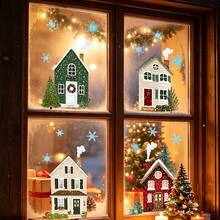4pcs/Set Christmas Window Clings Winter Village Static Glass Stickers Reusable Double Sided Christmas Cottage Snowflake Decals For Holiday Party Home Office Decor Xmas Glass Stickers - Multicolor - View 8