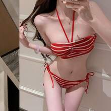 女性用ビキニ水着3点セット、リゾート向けセクシーなストライプショートパンツ、温泉ビーチ水着 - 赤(ショートパンツ付き) - チェックする 5