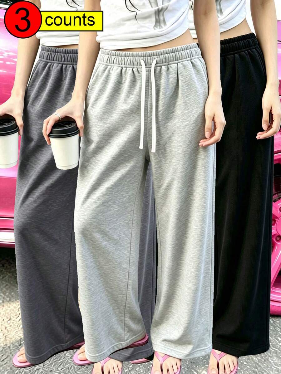3件組女款高腰寬腿抽繩休閒寬鬆慢跑褲 - 黑+深灰+淺灰 - 查看 1