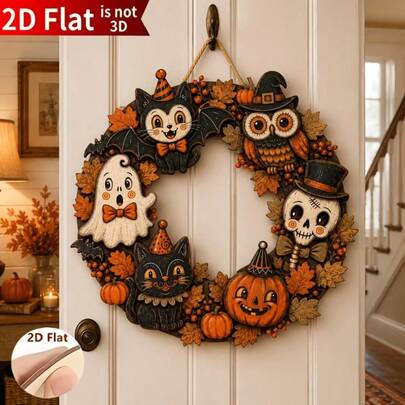 2D Flat Wooden Vintage Halloween Door Hanging Decor, Skeleton, Black Cat, Pumpkin Wreath Welcome Sign, Autumn Front Door Decoration, 2D Flat Halloween Christmas Decor, 2D Flat