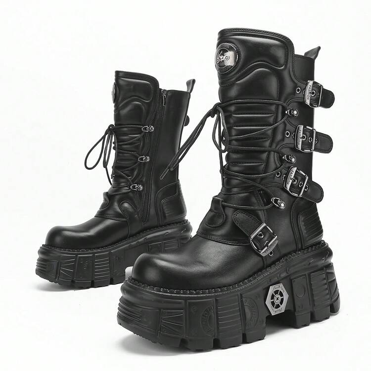 European And American Dark Punk Flame Thick Sole Boots Women Gothic Style Metal Tank Sole Platform Mid-Calf Motorcycle Boots - Black - View 2