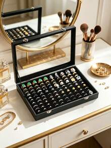 1pc, Luxury, Large Capacity, Jewelry Storage Box, Glass Lid, With Premium Black Velvet Lining, Can Display Rings, Earrings, Necklaces And Bracelets. - Multicolor - View 3