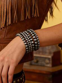 6pcs/Set Round Faux Pearl Women's Bracelets, Vintage Bohemian Western Country Style, Fashion Women's Jewelry, Western Style Jewelry - Black and White - View 6