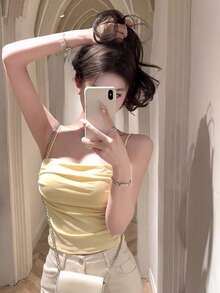 性感女款短版內墊胸罩細肩帶背心，直領縮褶設計，內層款，休閒度假夏季風格 - 黃色 - 查看 1