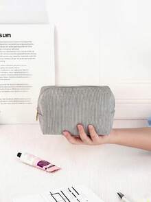 時尚簡約燈芯絨大容量化妝品與美妝工具收納包，適合居家與旅行使用 - 灰色 - 查看 5