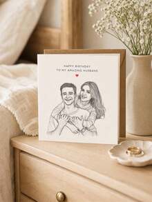 Custom Personalized Sketch Couple Photo Greeting Card, Custom Text Birthday Card For Husband. Romantic Souvenir Gift For Birthday, Wedding Anniversary, Ideal Loving Present For Your Partner. - Multicolor - View 8
