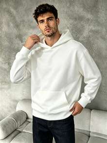Men Classic Solid Color Hooded Sweatshirt Loose Fit Kangaroo Pocket Long Sleeve Hoodie Daily Basic Streetwear Pullover - White - View 2