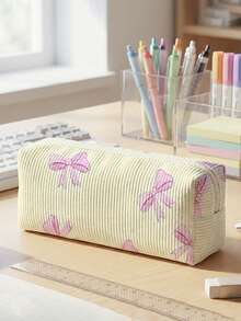 1pc Pencil Case, Stationery Storage Bag, Corduroy Material Bowknot Print Large Capacity Pencil Case For Teenagers, Multi-Function, First Day Of School - Multicolor - View 16