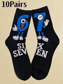 1/3/10 Pairs Women's Cartoon Mid-Calf Socks With 67 Number Pattern, Fashion Hip-Hop Design, American Vintage Style, Unisex - Black - View 13