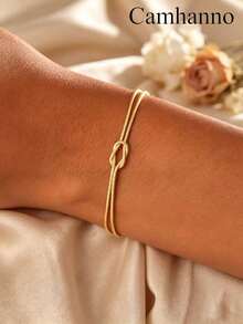 Camhanno 3pcs Minimalist Concentric Knot Stainless Steel 18K Gold Plated Fashion Layered Bracelet Set - Gold - View 6