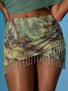 P Over Ruched Beaded Hem Mini Skirt Summer Sexy Going Out Beach Holiday Ibiza Club Tropical Fever Vacation - Multicolor 4 - View 1