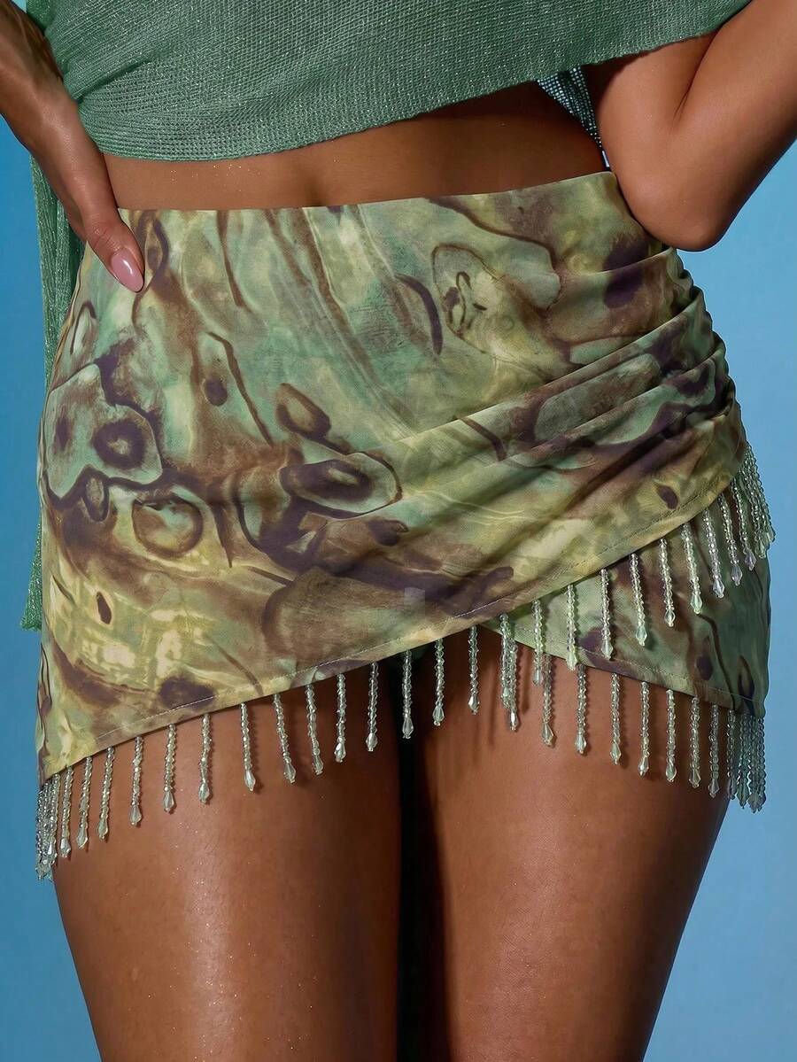 P Over Ruched Beaded Hem Mini Skirt Summer Sexy Going Out Beach Holiday Ibiza Club Tropical Fever Vacation - Multicolor 4 - View 1