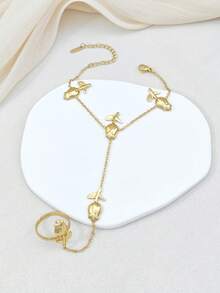 Boho Rose Hand Chain Bracelet For Women, Gold Tone Stainless Steel Ring Bracelet, Floral Jewelry Gift For Bride, Wife And Girlfriend - Gold - View 2