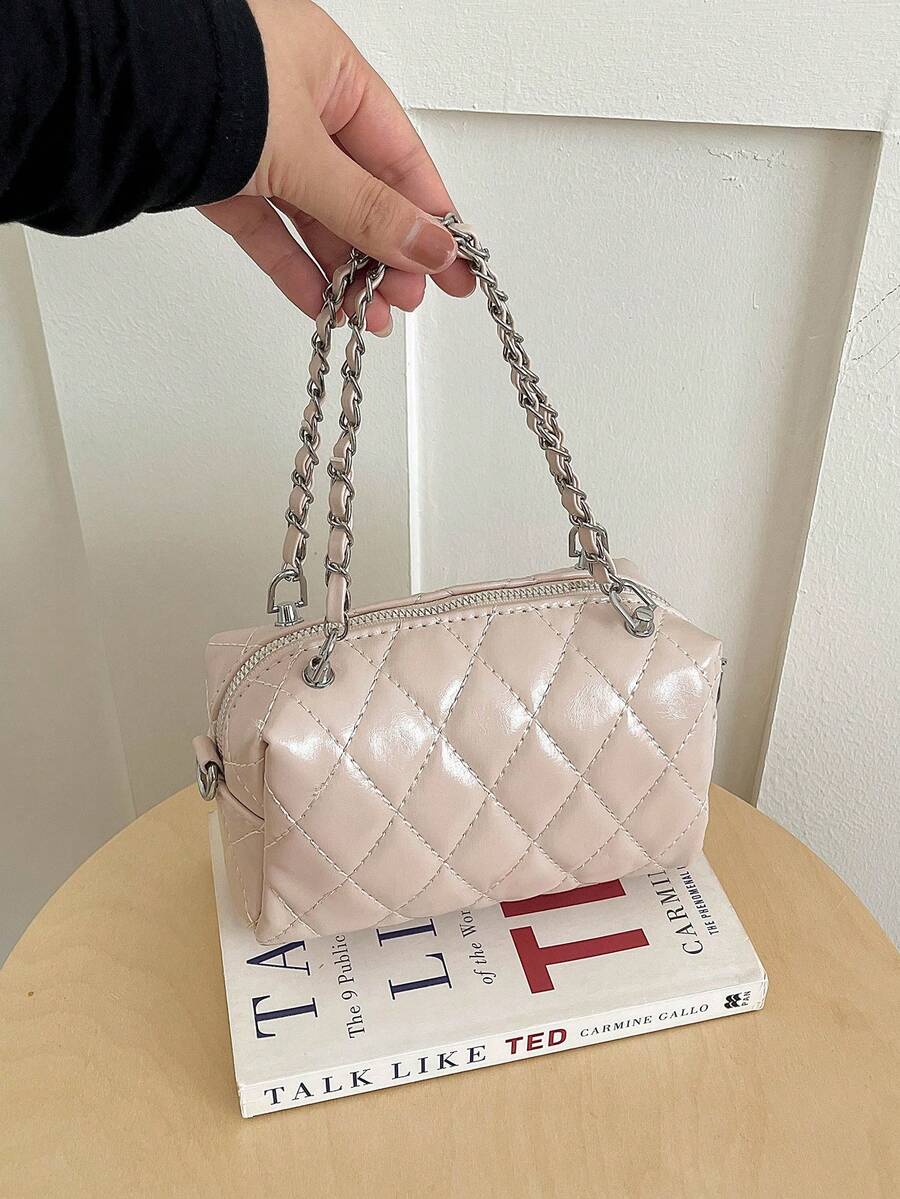 Tas Tangan Rantai Wanita Motif Berlian Bordir, Tas Selempang Mini Kotak dengan Penutup Resleting, Cocok untuk Kencan dan Belanja untuk Wanita - Berwarna merah muda - View 1