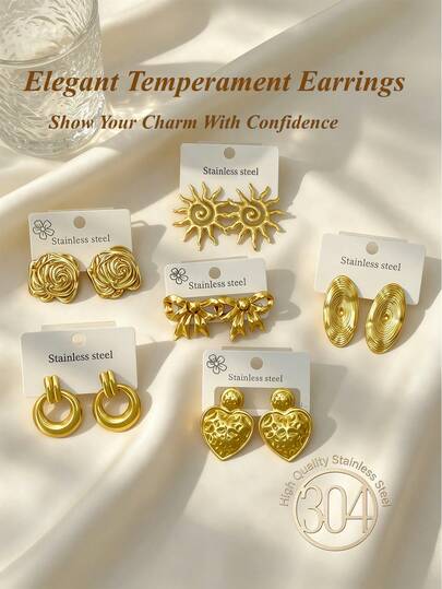Juego de 12 piezas/6 pares de pendientes de acero inoxidable dorado, formas de sol, aro y asimétricas, adecuado para el uso diario de las mujeres, también adecuado para fiestas, Navidad y ocasiones de Halloween