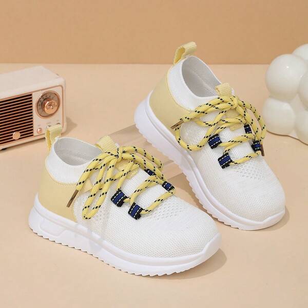 1 Pair Kids Colorblock Low-Top Lace-Up Slip-On Knit Breathable Athletic Shoes, Suitable For Students, All-Season Versatile
