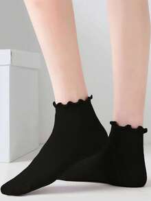 1/3/5/10 Pasang Kaos Kaki Wanita Warna Polos Manis Lucu Gaya Jepang Hitam Tipis dengan Tepi Digulung - Hitam - View 3