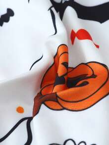 2pcs Halloween Ghost & Pumpkin Print Short Sleeve Collared Top And Bow Shorts Women's Pajama Set Loungewear - White - View 7