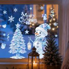 Christmas Window Static Cling Stickers, Ice Crystal Snowman & Christmas Tree Pattern, Holiday Glass Decor For Restaurant Windows - Approximately 30cm Wide and 40cm Long - View 3