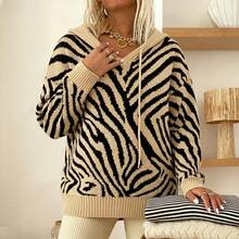 Plus Size Animal Print Hooded Knit Dress, Loose Long Sleeve Drawstring Pullover Top, Women's Winter Outdoor Vacation Outfit - Khaki - View 6
