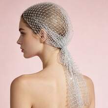 Women Rhinestone Fishnet Full Head Cover, Sparkly Crystal Mesh Head Wrap, Elegant See-Through Headpiece For Wedding Party & Photoshoot - Silver - View 13
