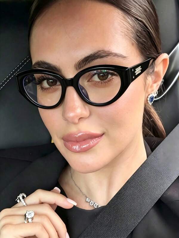 1pc Vintage Small Black Frame Oval Cat Eye Non-Prescription Glasses Women's Luxury Metal Decor Temple Plain Lens