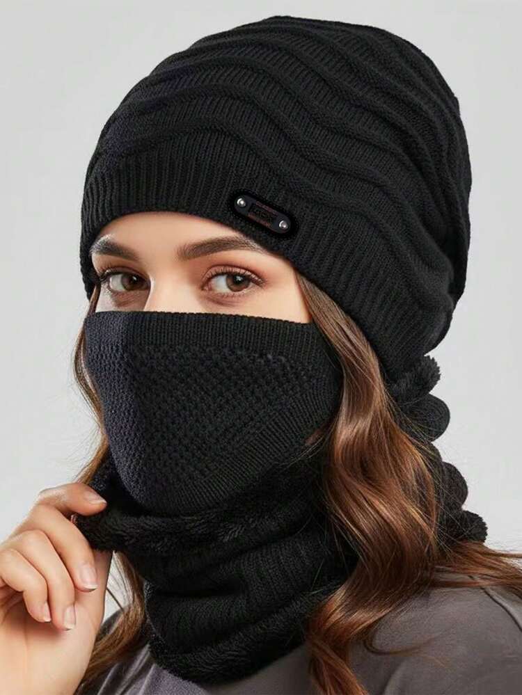 3PCS Unisex Autumn/Winter Knitted Hat, Scarf And Mask Set, Thermal Lined Warm Ear Protection Combination - Multicolor - View 2