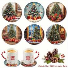 6pcs Vintage Christmas Tree Wooden Coasters, Waterproof Heat-Resistant Table Mats, Suitable For Coffee Cups, Mugs, Premium Cork Home Decor - Multicolor - View 1