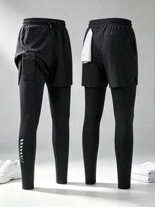 2-In-1 Shorts Outer Jogging Pants, Layered Print With Pockets Sports Pants, Suitable For Running, Cycling And Fitness, Black - Black - View 4