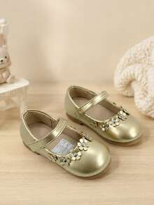 Girls Floral Mary Jane Shoes With Instep Strap - Gold - View 1