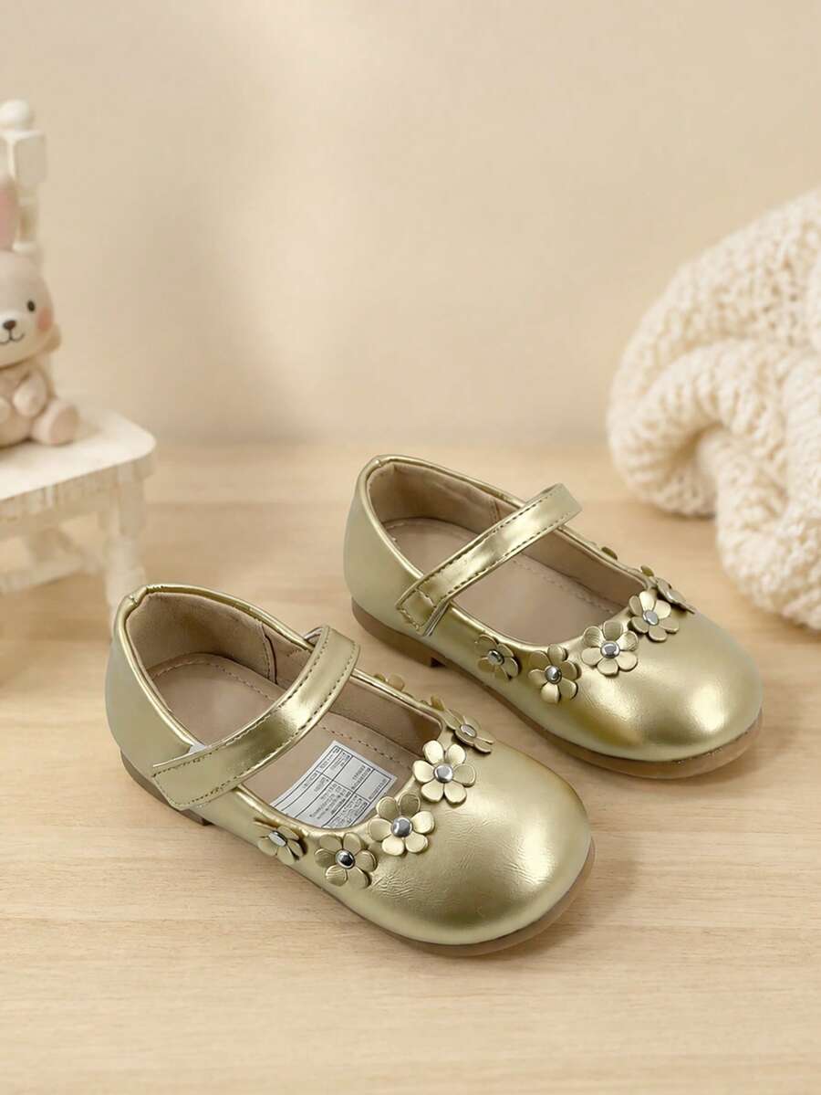 Girls Floral Mary Jane Shoes With Instep Strap - Gold - View 1