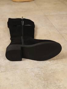 New Vintage Suede Leather Belt Buckle Knee-High Chunky Heel Round Toe Riding Boots For Women - Black - View 7