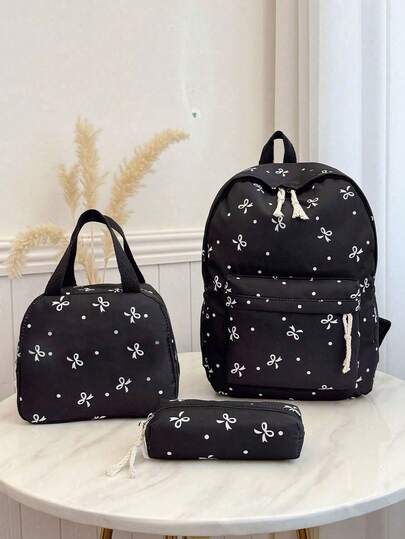Set Tas Ransel Gaya Kuliah Kasual Tiga Bagian dengan Motif Pita, Tali Bahu yang Dapat Diatur, Kapasitas Besar dengan Banyak Kantong, Set Tas Sekolah